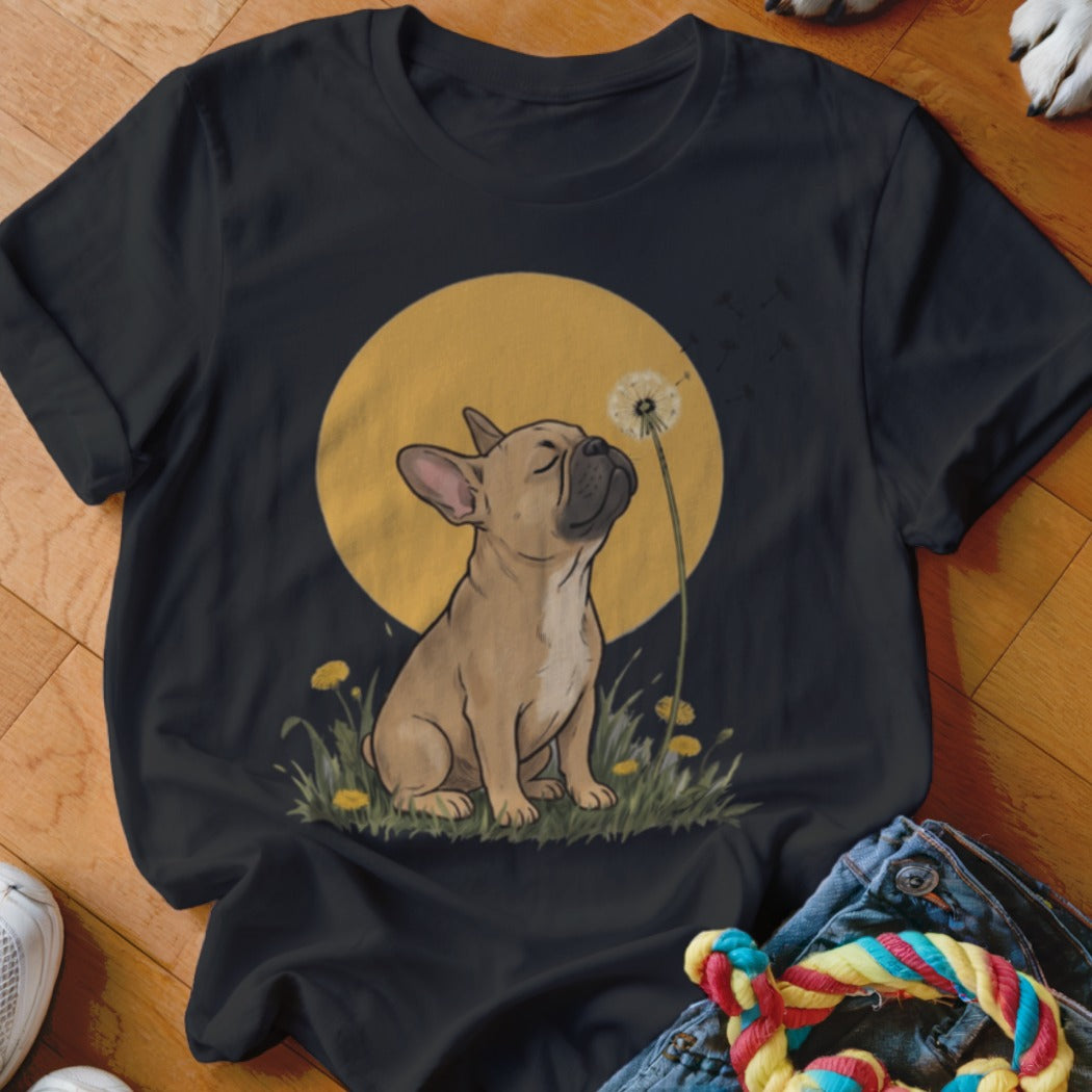 Black t-shirt featuring an illustration of a fawn French bulldog blowing a dandelion against a yellow circle.