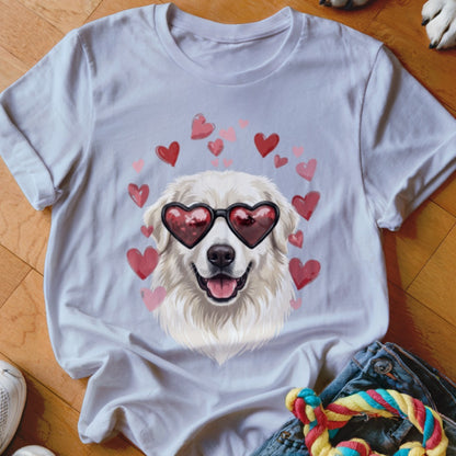 White crewneck t-shirt featuring a graphic of a white dog wearing heart-shaped sunglasses surrounded by red hearts.