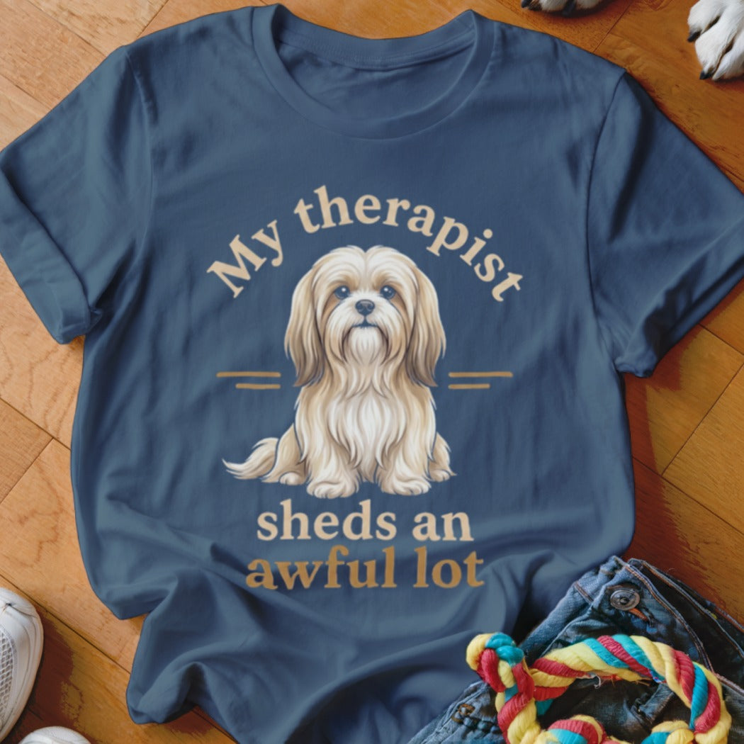Navy t-shirt with Shih Tzu dog graphic and text "My therapist sheds an awful lot."