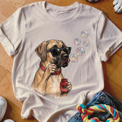 Light-colored t-shirt featuring a graphic of a dog wearing sunglasses and blowing soap bubbles.