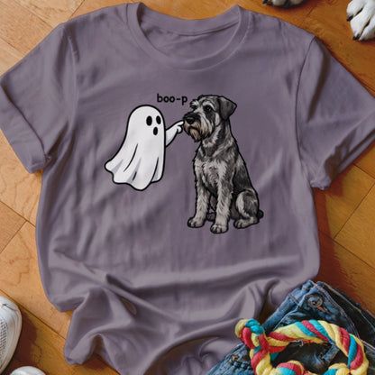 Ghost booping a sitting schnauzer dog on a purple t-shirt.