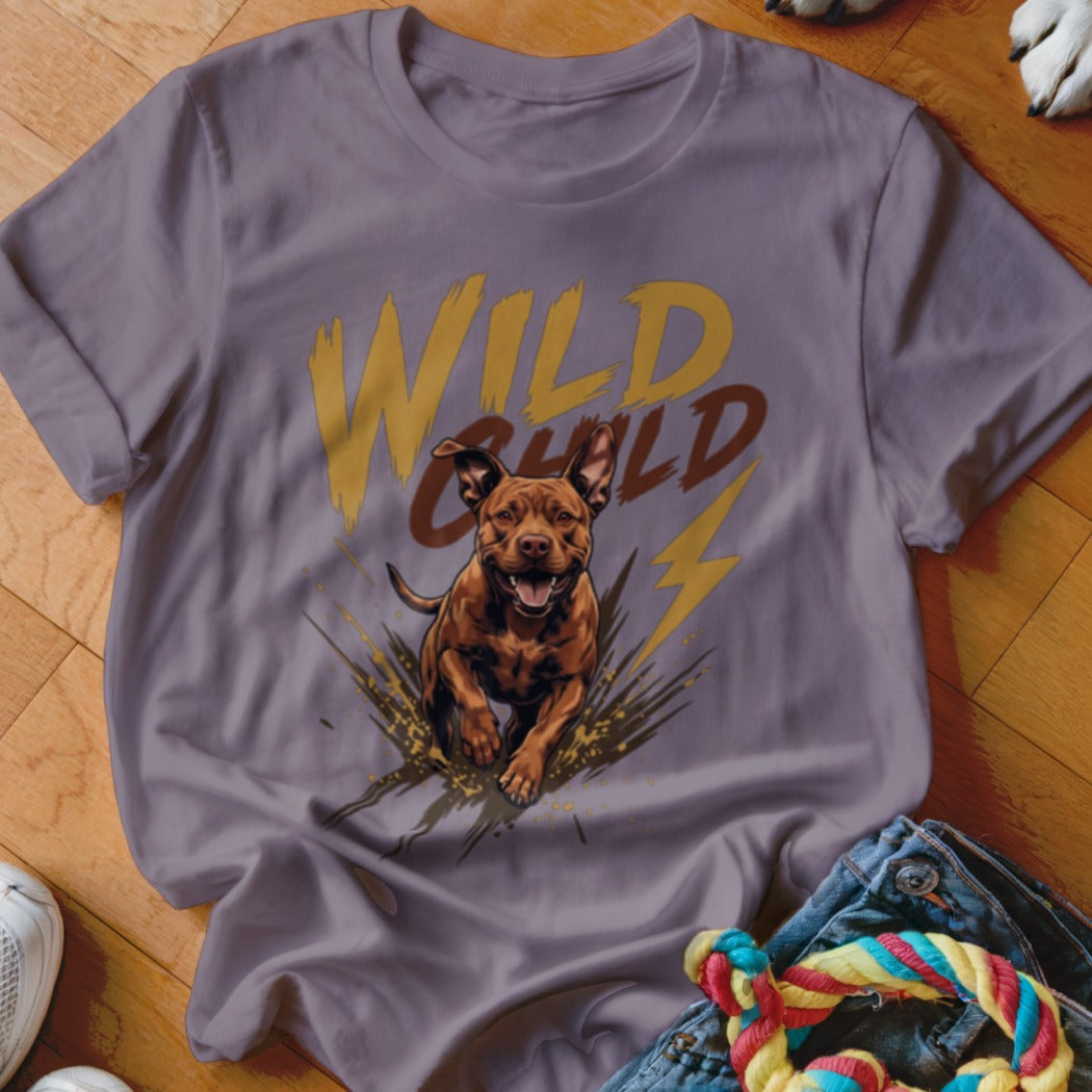 A purple t-shirt featuring a graphic of a brown dog and the text WILD CHILD.