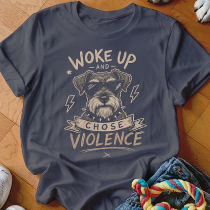 Dark t-shirt with graphic of a dog wearing sunglasses and text "Woke up and chose violence".