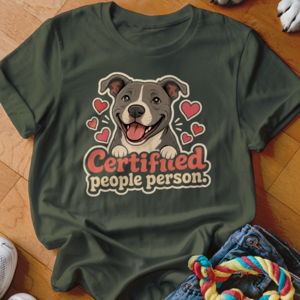 T-shirt with a happy pit bull dog surrounded by hearts and text that says "Certified people person."