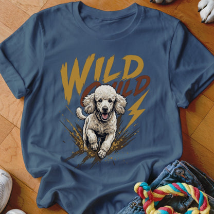 Blue t-shirt featuring a graphic of a running poodle and the text Wild Child.