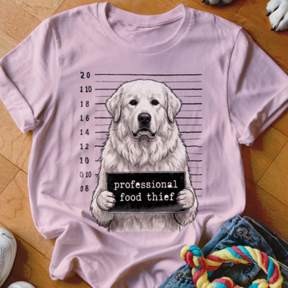 White dog mugshot with "professional food thief" sign and height markings.