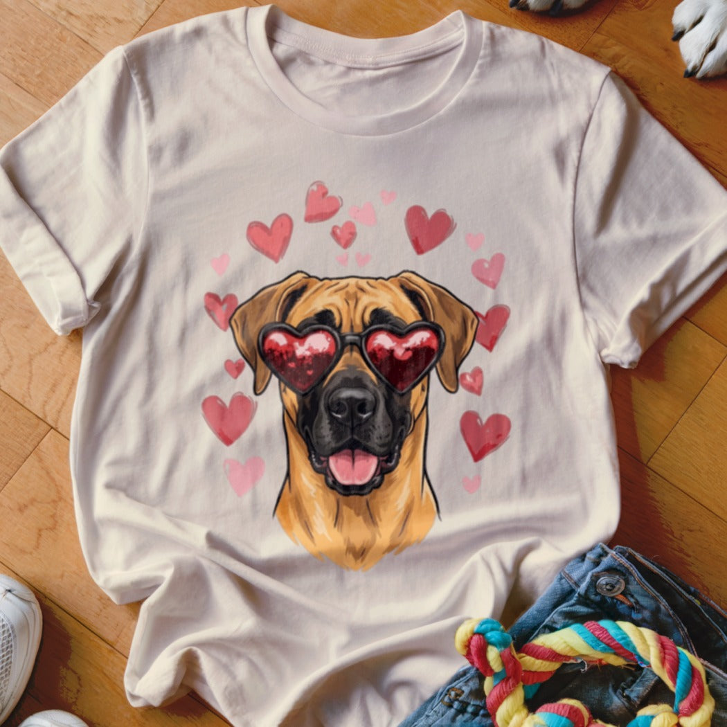 Cream-colored t-shirt featuring a graphic of a brown dog wearing heart-shaped sunglasses, surrounded by pink hearts.
