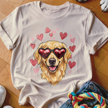 A light cream t-shirt features a graphic of a golden retriever wearing heart-shaped sunglasses surrounded by floating pink hearts.