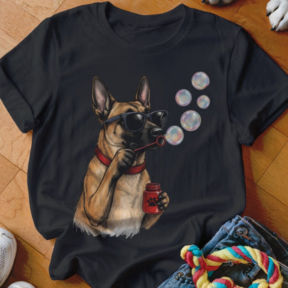 Black t-shirt featuring a graphic of a Belgian Malinois wearing sunglasses and blowing bubbles.