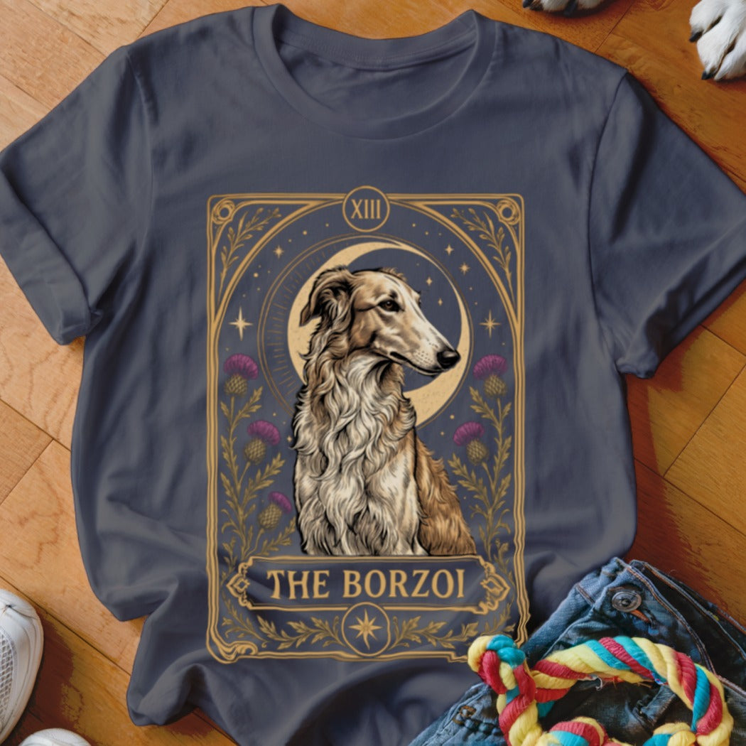 Charcoal t-shirt featuring a tarot-style graphic of a borzoi dog, crescent moon, and purple flowers.