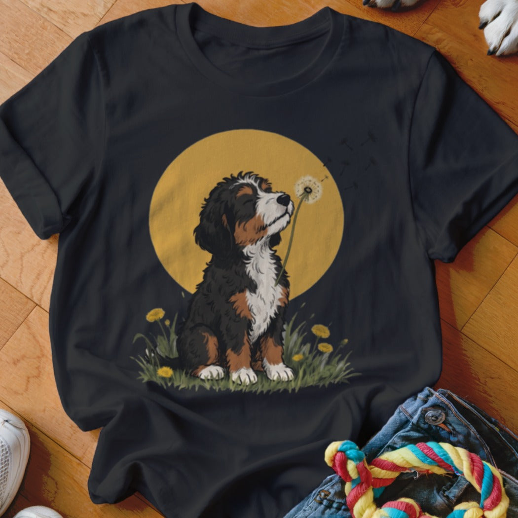A black t-shirt features a graphic of a Bernese Mountain Dog puppy sitting in grass against a yellow moon.