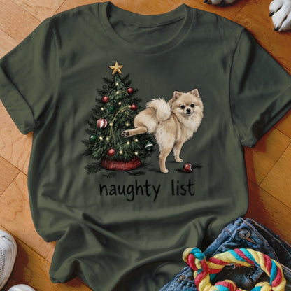 Pomeranian by Christmas tree with "naughty list" text.