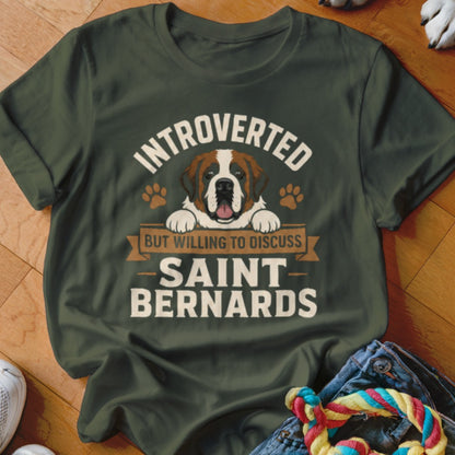 Green t-shirt with "Introverted But Willing to Discuss Saint Bernards" text and dog graphic.