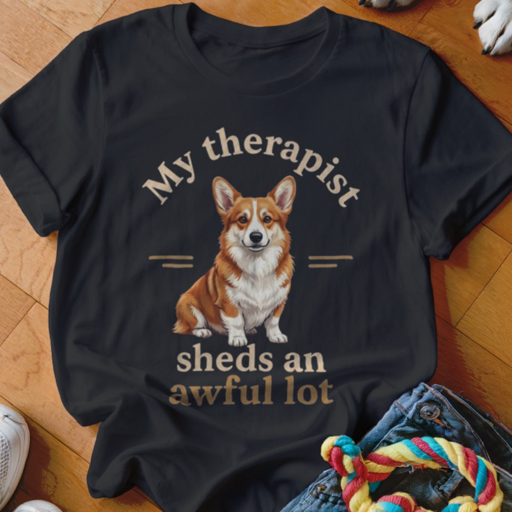 Black t-shirt with a corgi and text "My therapist sheds an awful lot".