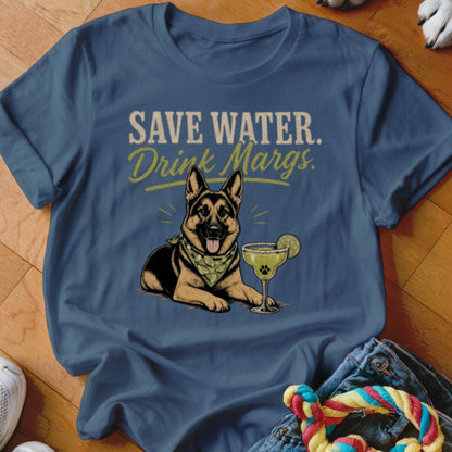 German Shepherd with drink and "Save Water. Drink Margs." text.