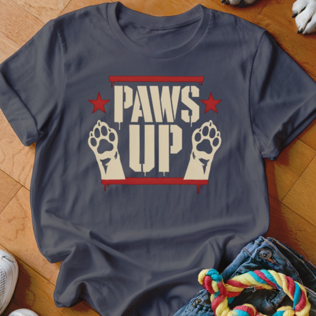Navy t-shirt with "PAWS UP" text, paw prints, and red accents.