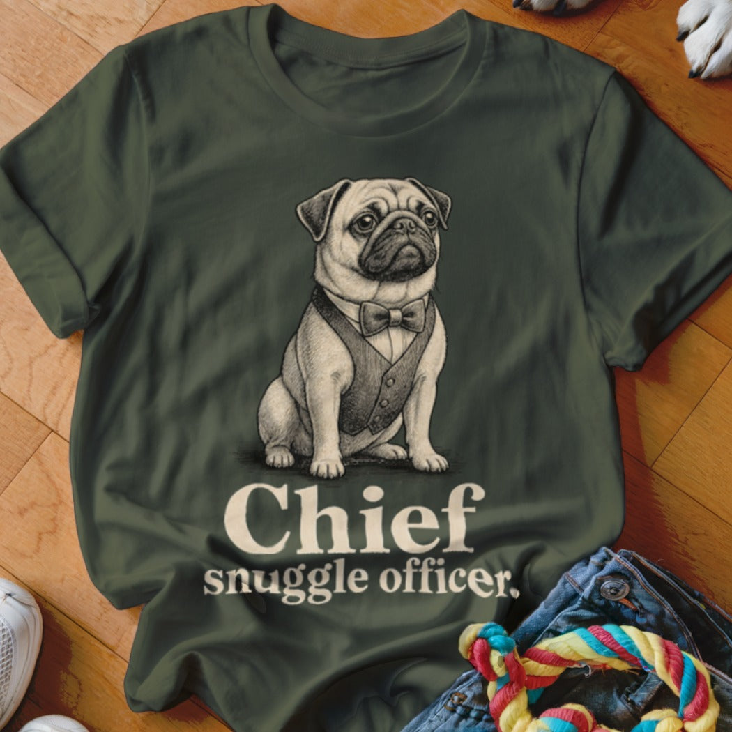 Green t-shirt featuring a pug in a vest and bowtie with text "Chief snuggle officer."