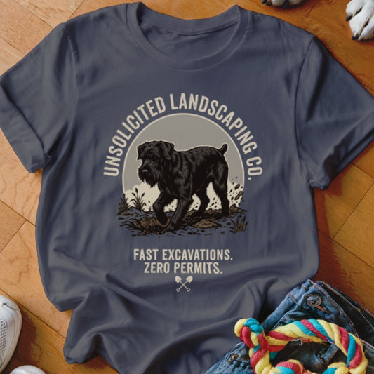 T-shirt with "Unsolicited Landscaping Co." text and a black schnauzer dog graphic.