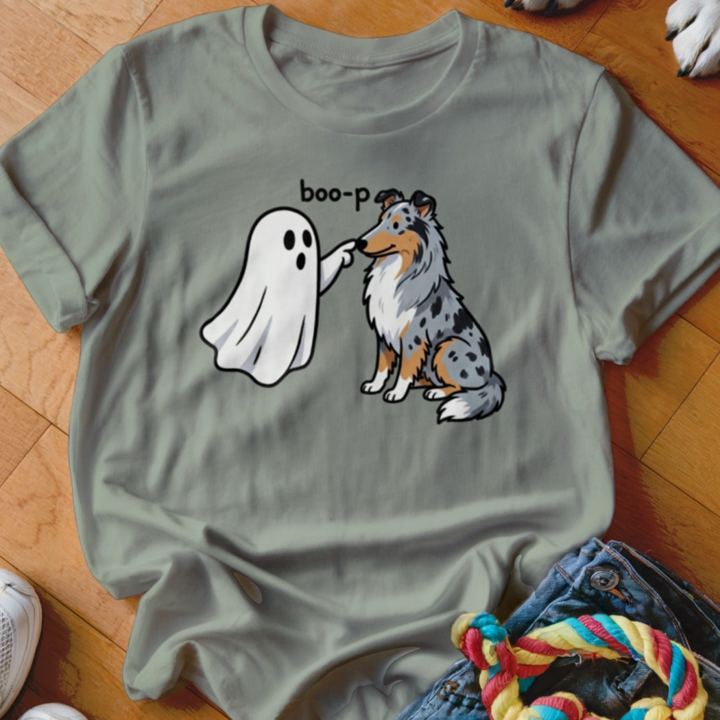 Ghost playfully boops a sitting Australian Shepherd dog with text "boo-p".