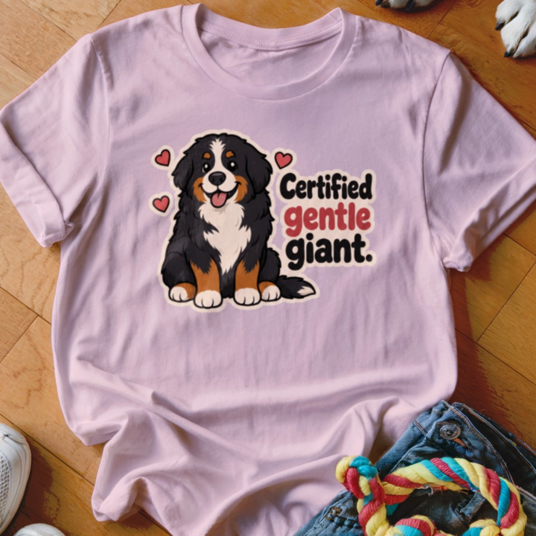 Bernese Mountain Dog illustration on a pink t-shirt with text "Certified gentle giant."