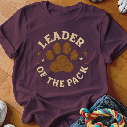 Burgundy t-shirt with circular graphic featuring paw print and text "LEADER OF THE PACK".