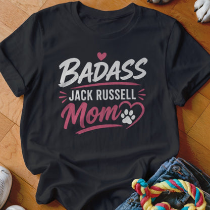 Black t-shirt with "Badass Jack Russell Mom" and paw print design.