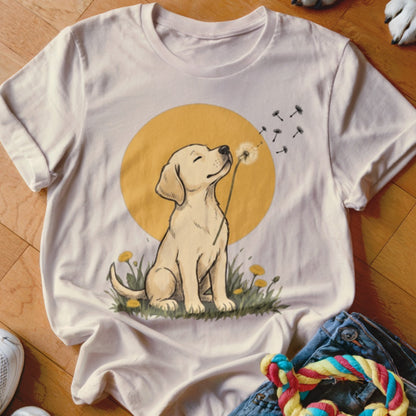 A light pink t-shirt featuring a cartoon illustration of a golden retriever puppy blowing dandelion seeds against a yellow sun.