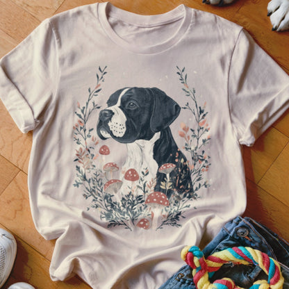 T-shirt with black and white dog illustration surrounded by foliage and mushrooms.