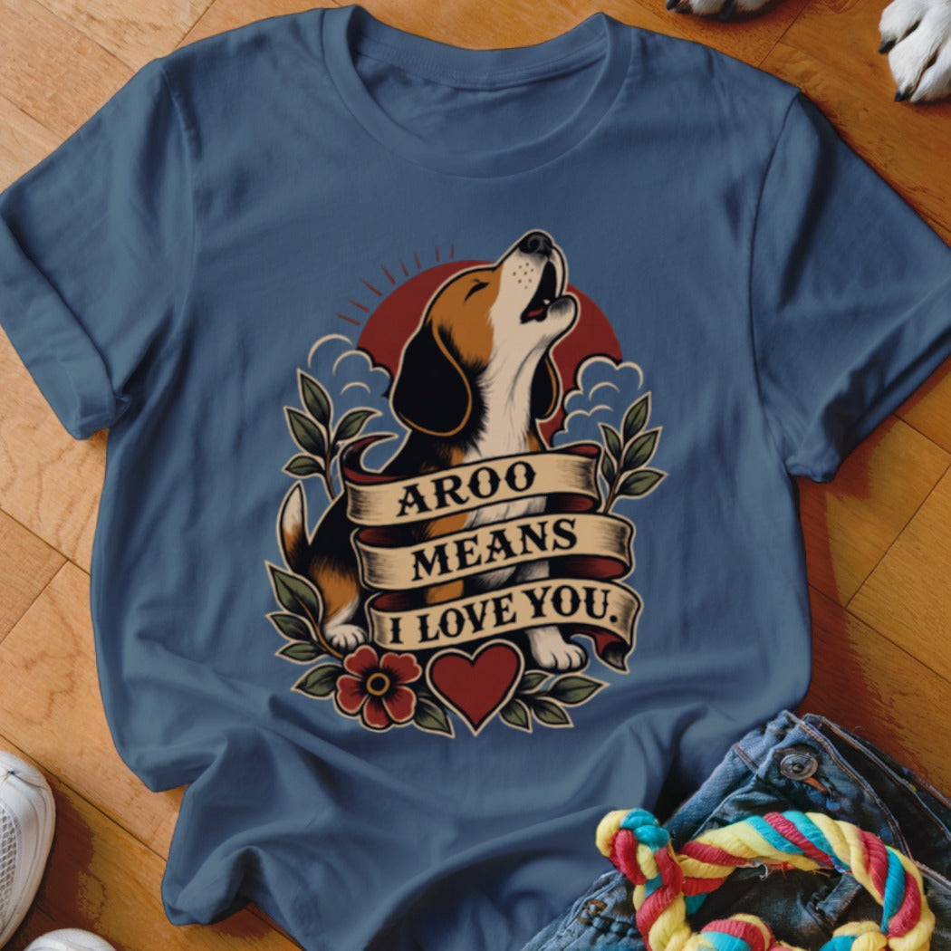 Beagle howling with "Aroo Means I Love You" text on a blue t-shirt.