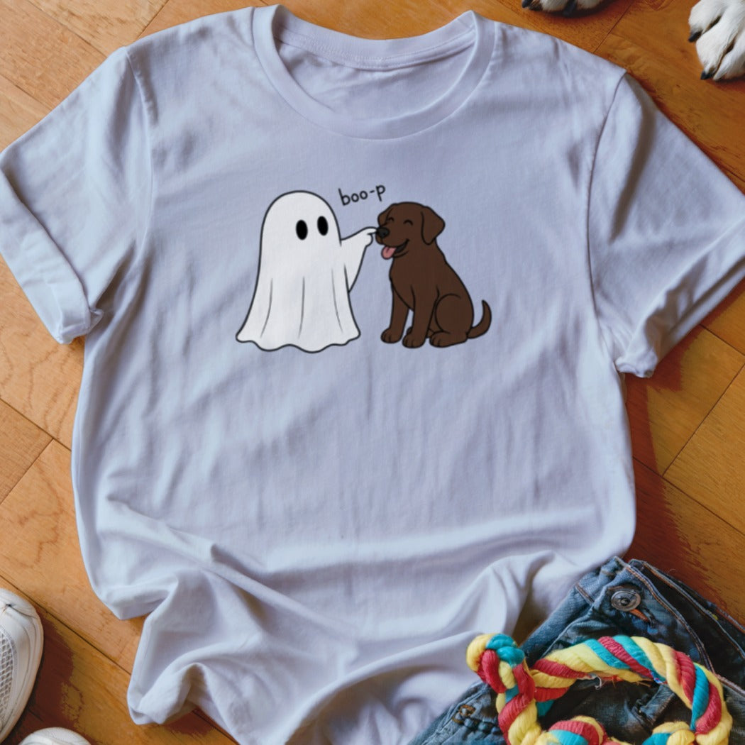 White t-shirt with a cartoon ghost booping a brown dog's nose, text "boo-p".