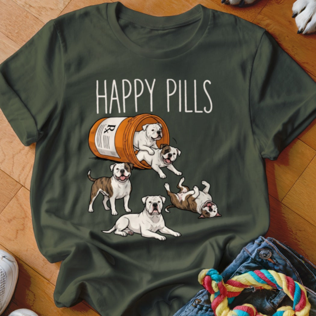 Green t-shirt with cartoon bulldogs spilling from a prescription bottle with text "HAPPY PILLS".