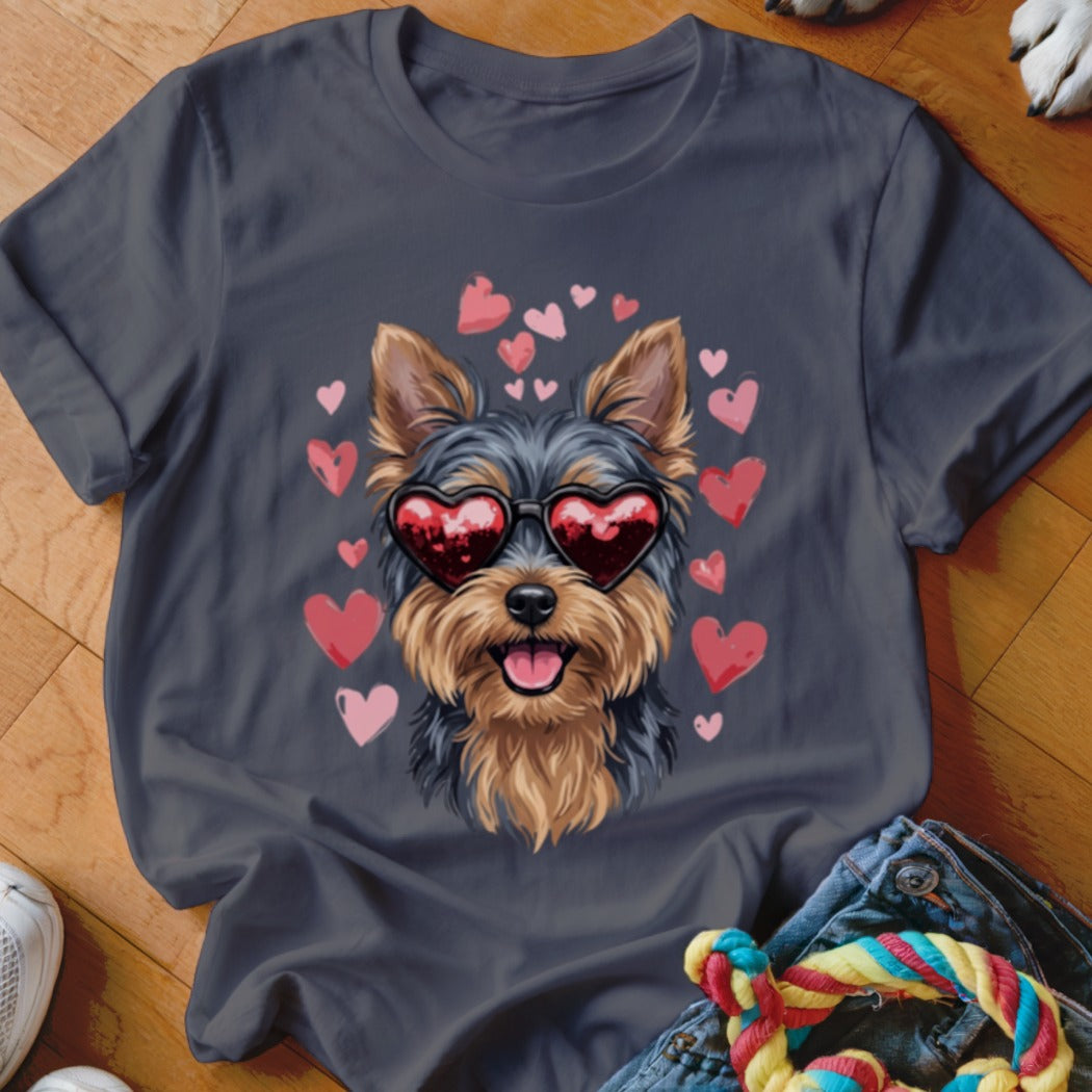 Charcoal gray t-shirt featuring a graphic of a Yorkshire Terrier wearing heart-shaped sunglasses surrounded by pink hearts.