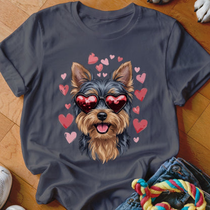 Charcoal gray t-shirt featuring a graphic of a Yorkshire Terrier wearing heart-shaped sunglasses surrounded by pink hearts.