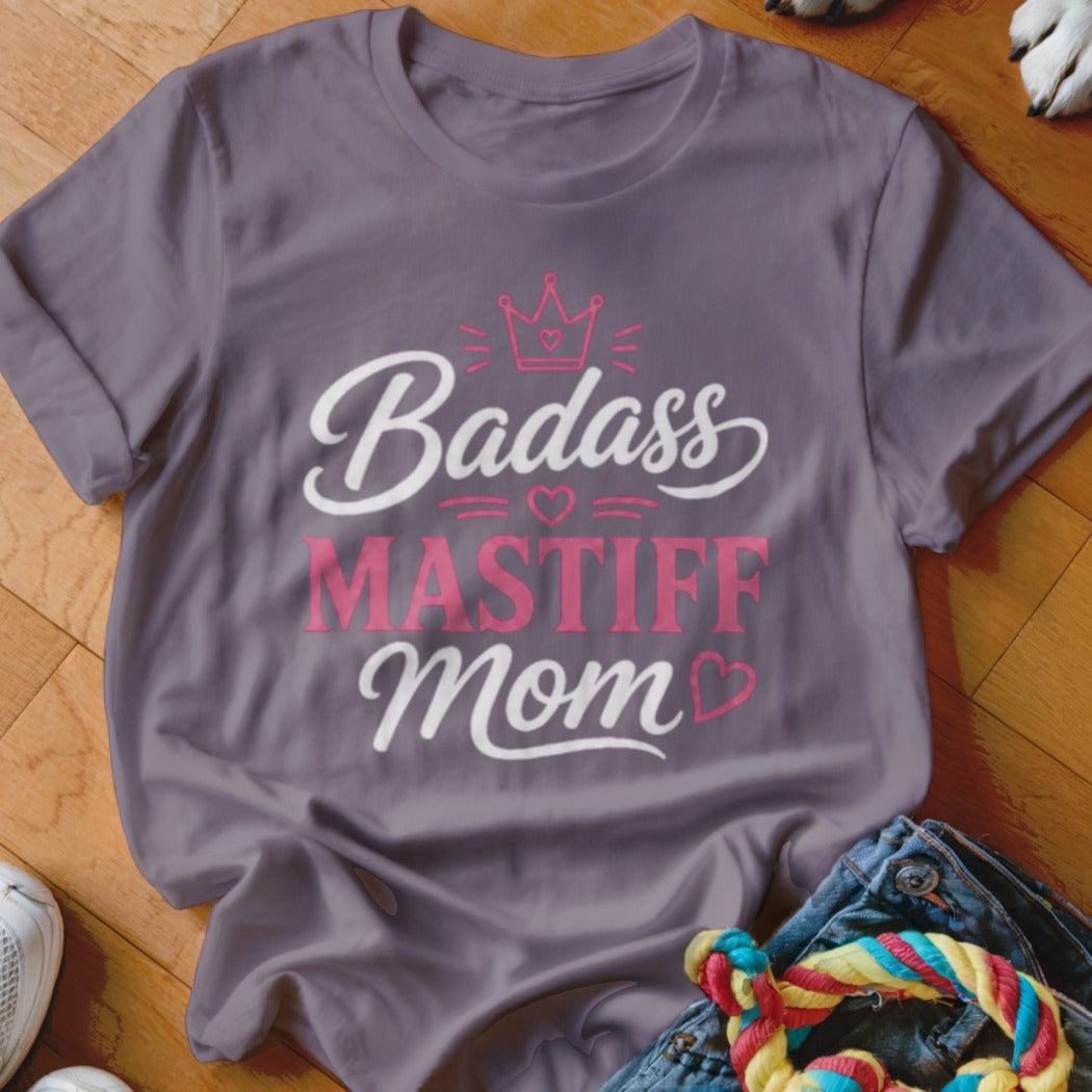 Purple t-shirt with "Badass Mastiff Mom" text and a crown graphic.