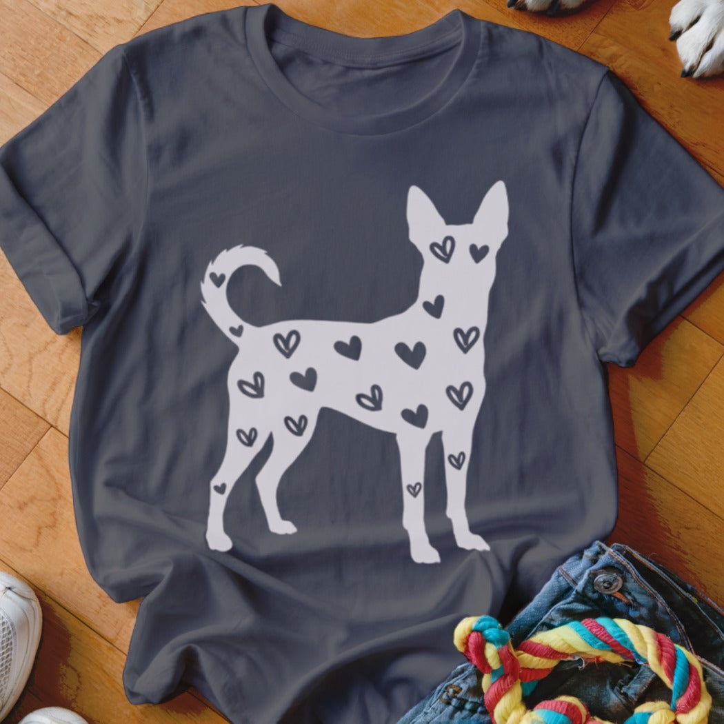 Dark gray t-shirt with a white silhouette of a dog covered in hearts.