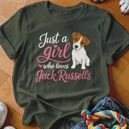 Olive green t-shirt with text "Just a girl who loves Jack Russells" and illustration of a Jack Russell.