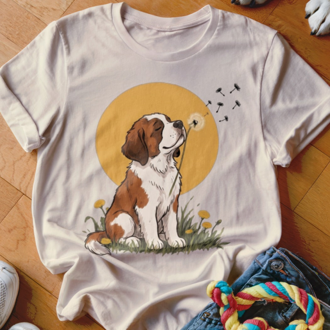A cream-colored t-shirt with an illustration of a brown and white dog blowing dandelion seeds.