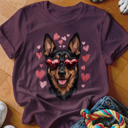 Maroon t-shirt featuring a graphic of a German Shepherd wearing heart-shaped sunglasses surrounded by pink hearts.