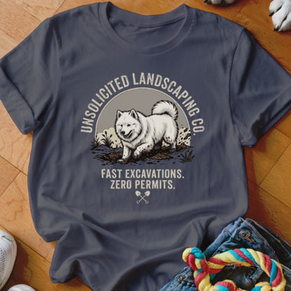 White dog digging in dirt with text "Unsolicited Landscaping Co. Fast Excavations. Zero Permits."