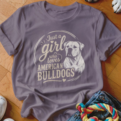 Purple t-shirt with "Just a girl who loves American Bulldogs" text and dog illustration.