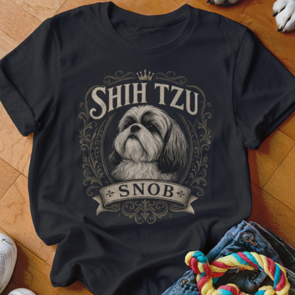 Black t-shirt featuring a Shih Tzu dog portrait and the text "SHIH TZU SNOB".
