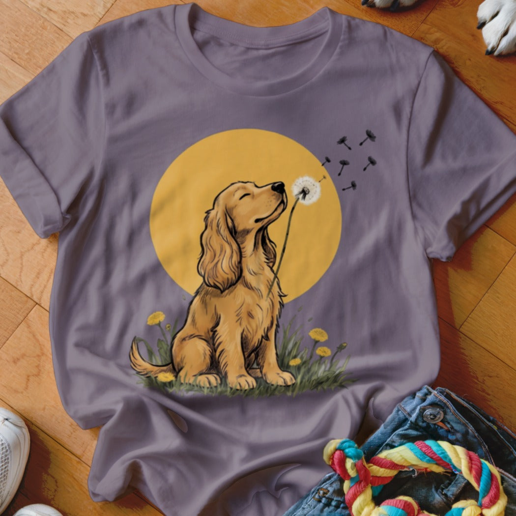 A grey crewneck t-shirt featuring a graphic of a golden spaniel blowing a dandelion.