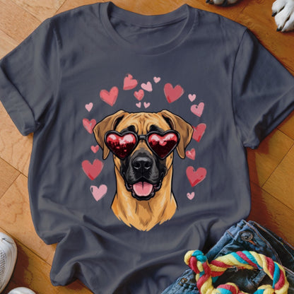 Dark gray t-shirt featuring an illustrated brown dog wearing heart-shaped sunglasses, surrounded by pink hearts.