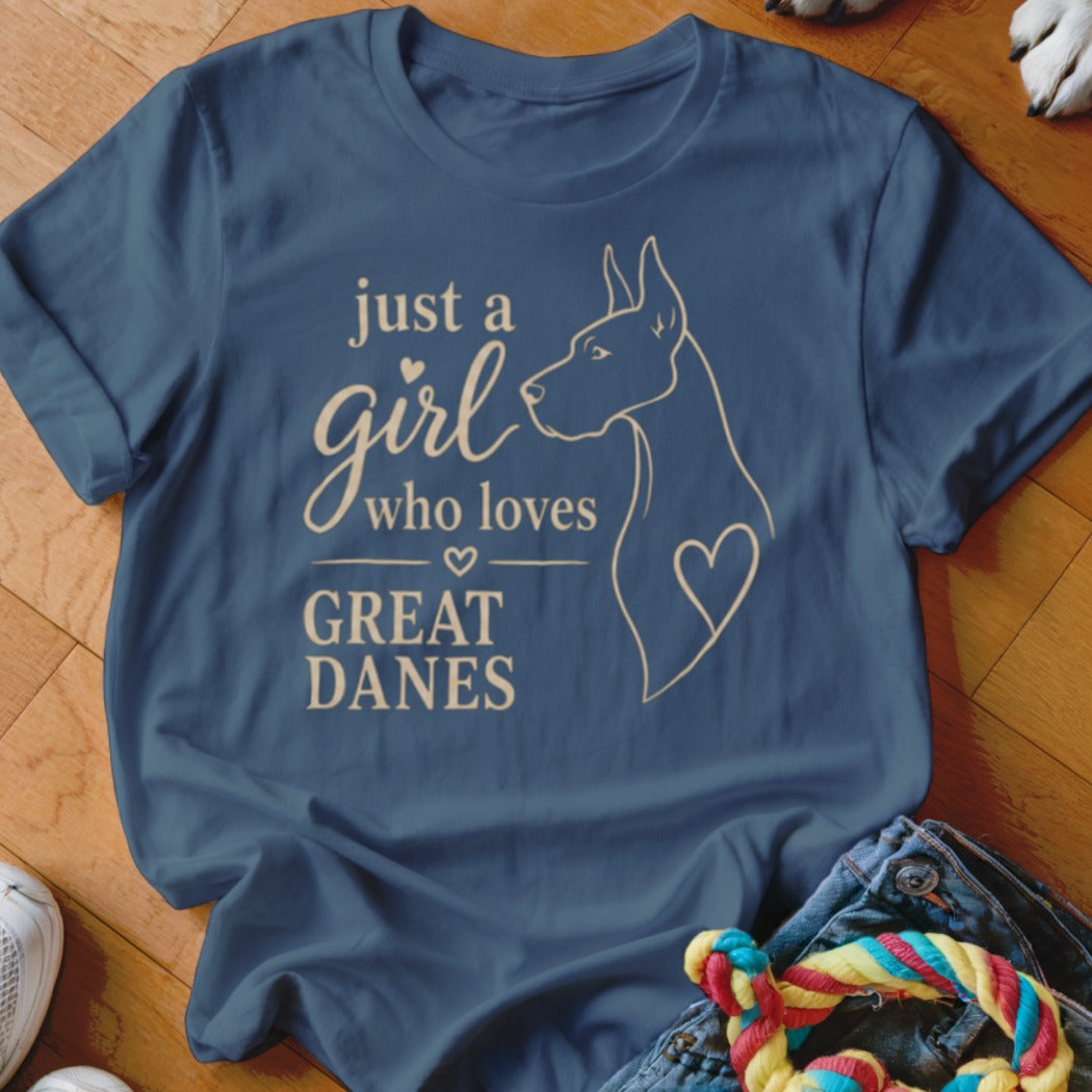 Blue t-shirt with "just a girl who loves GREAT DANES" and a Great Dane outline.