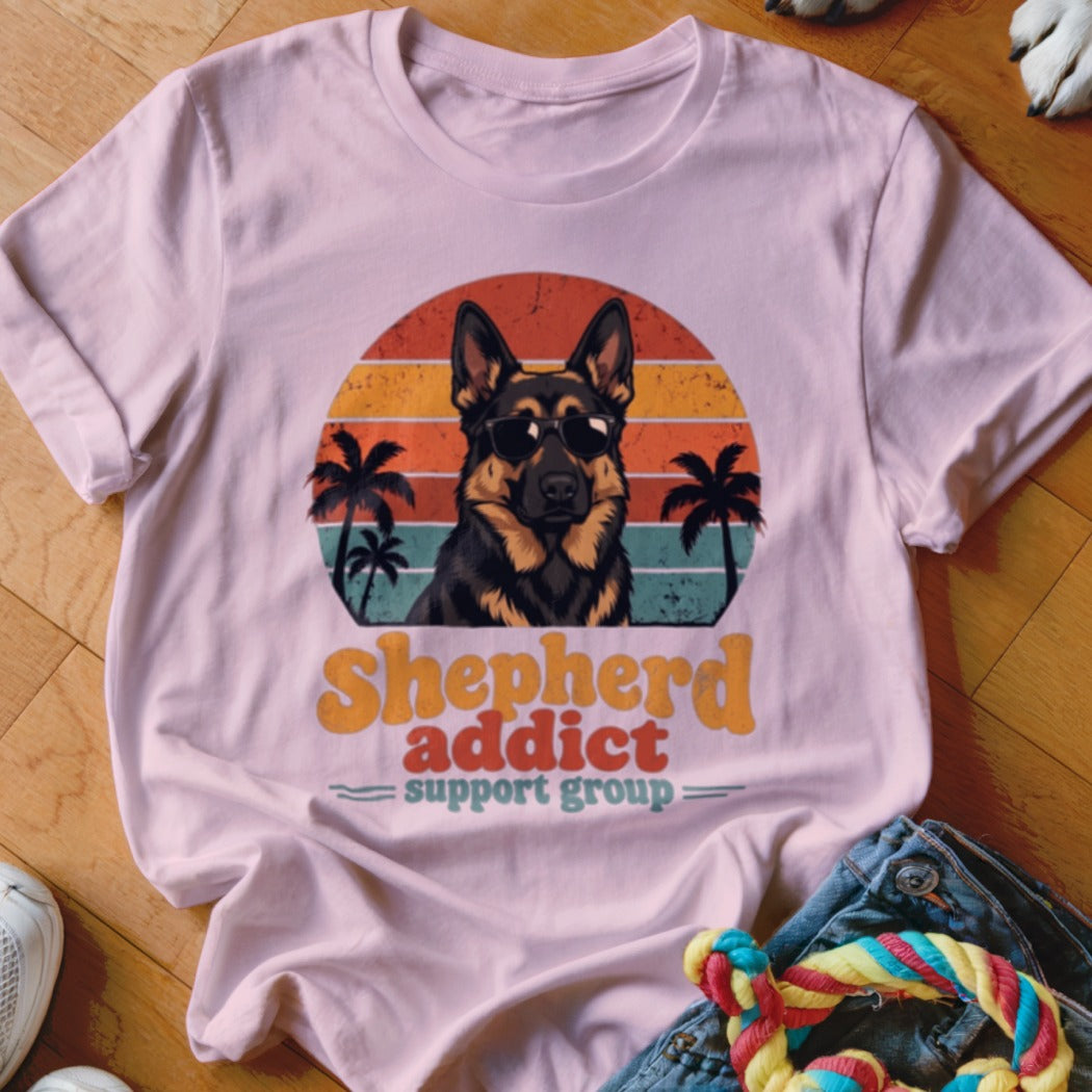 A light pink t-shirt features a retro sunset graphic with a German Shepherd wearing sunglasses and palm trees.