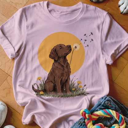 A light pink crewneck t-shirt featuring a graphic of a brown dog blowing a dandelion.