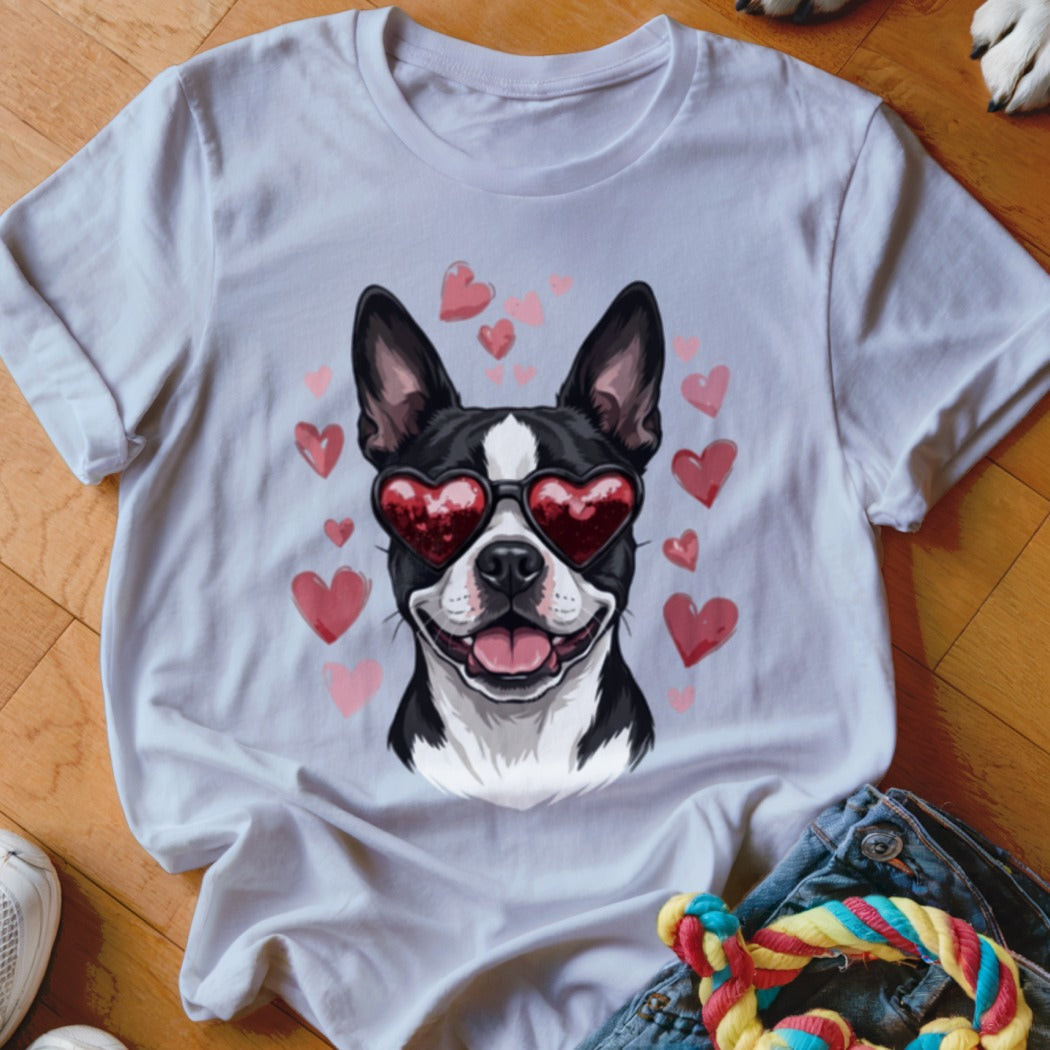 White t-shirt featuring a graphic of a Boston Terrier wearing heart-shaped sunglasses surrounded by pink hearts.