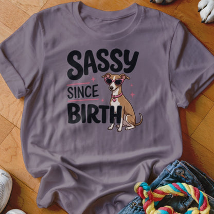 T-shirt with "SASSY SINCE BIRTH" text and a dog wearing sunglasses.