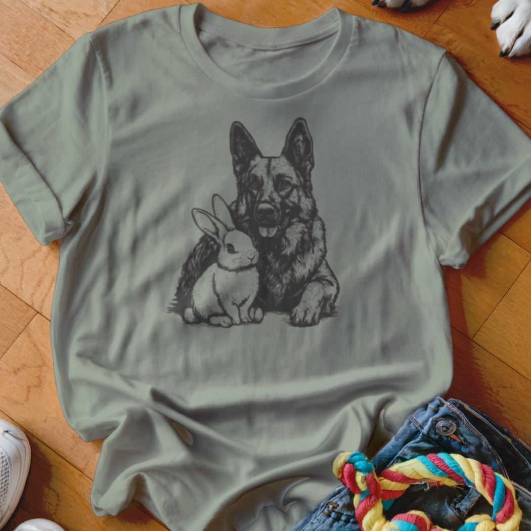 T-shirt with a German Shepherd and rabbit sketch on a light gray shirt.
