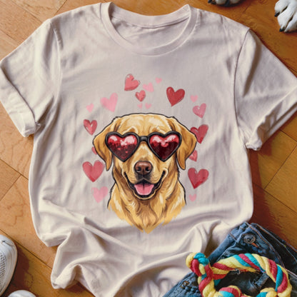 Cream t-shirt featuring a graphic of a golden retriever wearing heart-shaped sunglasses surrounded by pink hearts.
